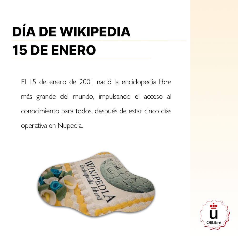 Diseño gráfico con fondo blanco y detalles en beige. En la parte superior, texto en letras negras que dice 'DÍA DE WIKIPEDIA 15 DE ENERO'. Debajo, un párrafo que explica que Wikipedia nació el 15 de enero de 2001 como la enciclopedia libre más grande del mundo, tras estar cinco días operativa en Nupedia. En la parte inferior, una imagen de un pastel decorado con el logotipo de Wikipedia y flores de azúcar. En la esquina inferior derecha, un logotipo circular con el texto 'OfiLibre'.