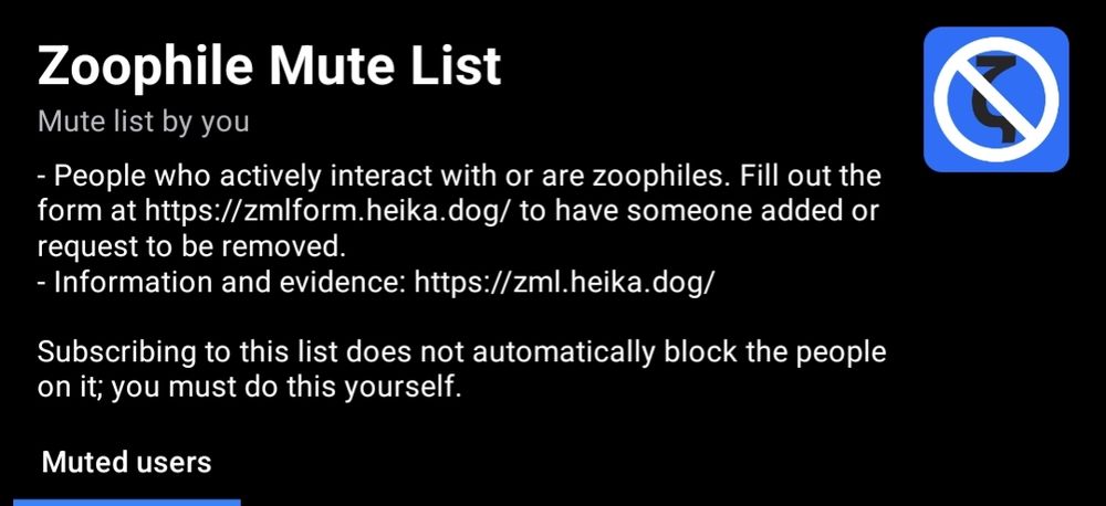 A screenshot of the Zoophile Mute List.