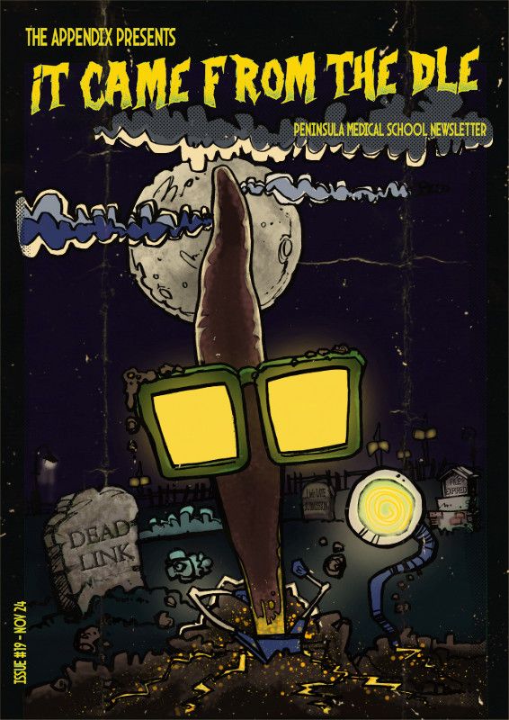 A spoof movie poster for the cover of a medical school newsletter showing a zombie appendix comig out of a graveyard