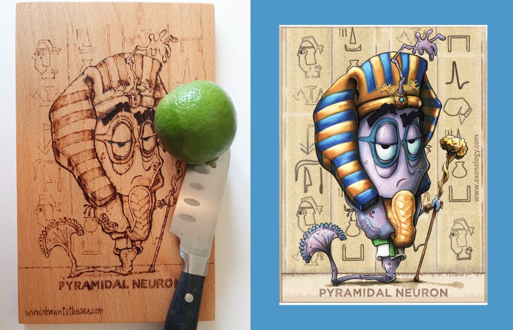 Wooden chopping board pyrograph etched with a cartoon pyramidal neuron, a lime and a knife next to the original cartoon of a pyramidal neuron shown as an ancient Egyptian pharaoh