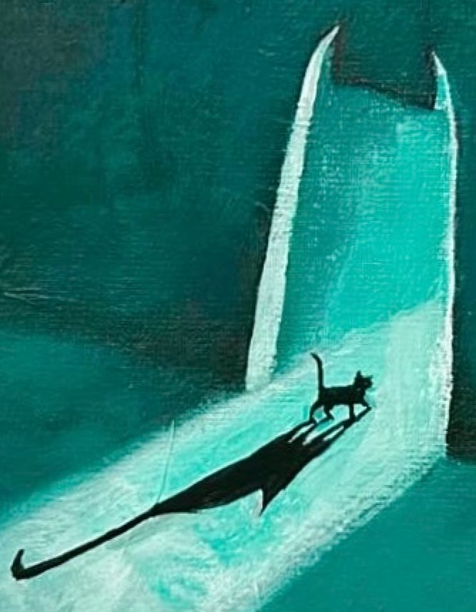 A black cat crossing through the threshold of a doorway that is also a cutout of a cat's head with diabolical ears. A bright green light shines through the doorway casting a long shadow of the black cat.