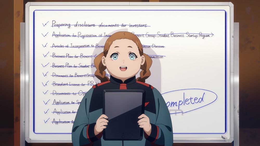 Lilique Kadoka Lipati From Mobile Suit Gundam: The Witch From Mercury (2022). Adorable and Chubby, Lilique is standing with a big smile on her face, holding a tablet in front of a whiteboard with GundArm Inc's completed checklist.