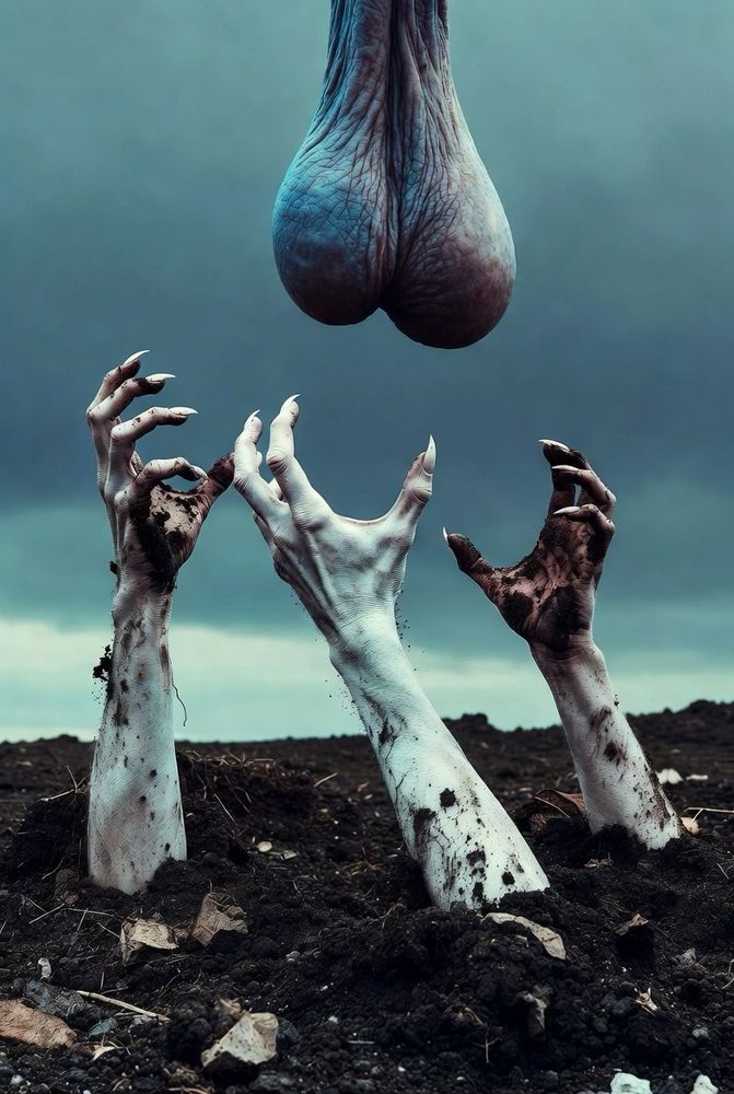 Zombie hands stretching for a giant pair of testicles