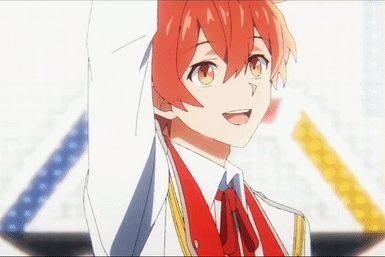 a close up of a anime character with red hair