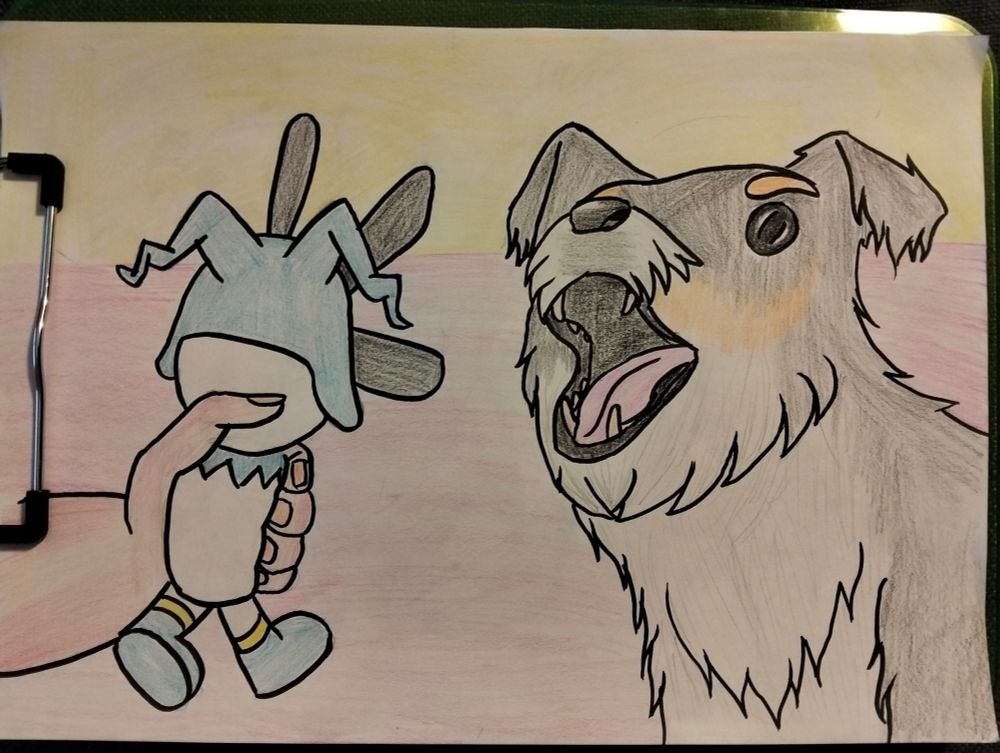 Ink and coloured pencil art of Skye's dog Forrest borking excitedly at a Jack Frost squeaky toy.
The toy is being squeezed by Sully (otherwise outside of frame), causing its eyes and mouth to pop out.
Forrest has his ears up and mouth open.