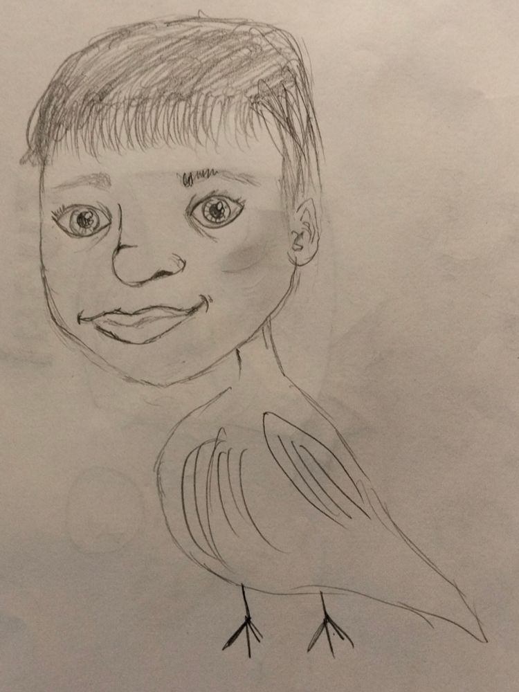Pencil art of a boy's head on a bird's body.
The boy's eyes seem to sparkle with joy.
The bird body was hastily drawn.