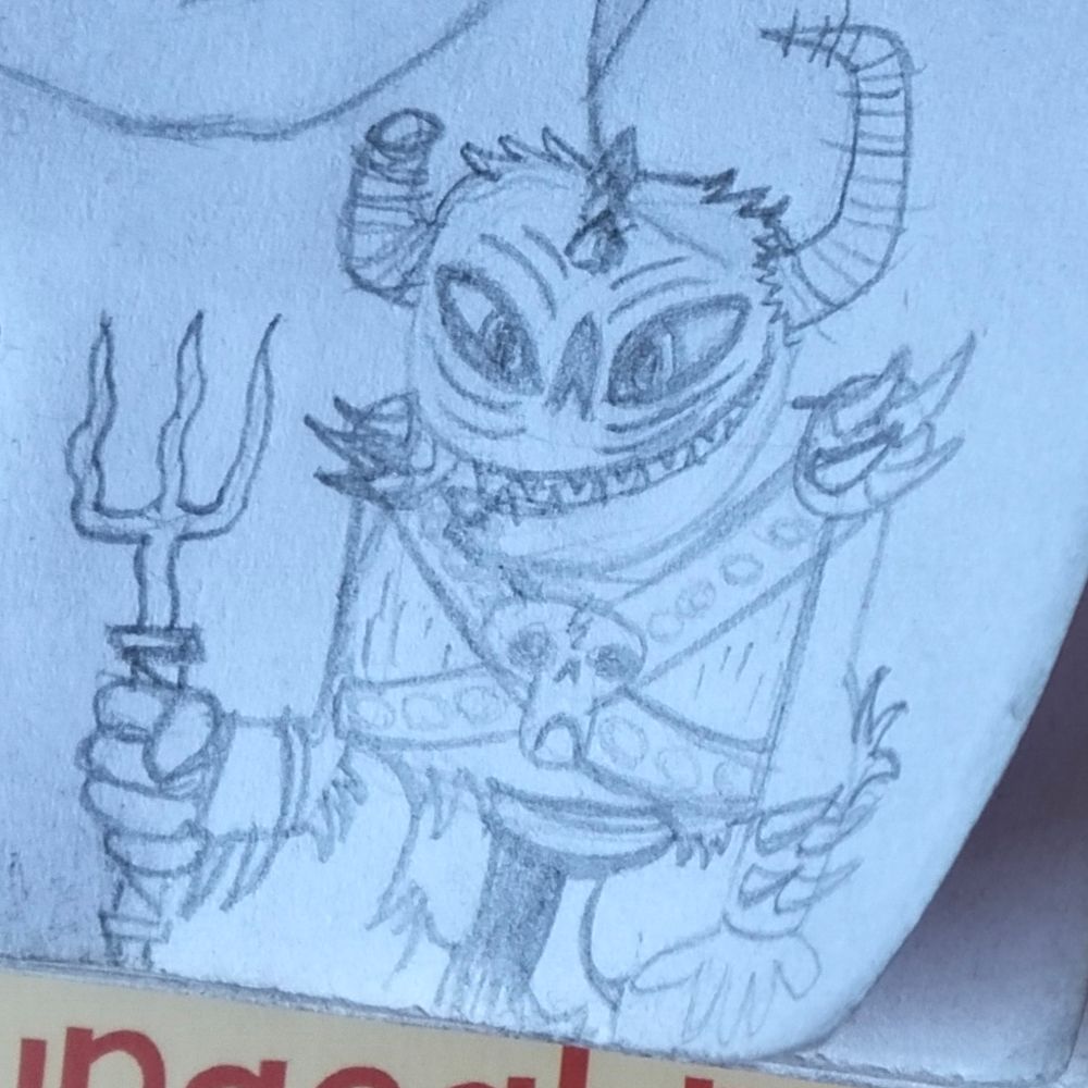 Pencil drawing of a demon with one broken horn; wearing a double bandolier adorned with a frowning skull, a simple loincloth and spiked pauldrons and gauntlets. The demon is smiling wickedly and holding a jagged trident.