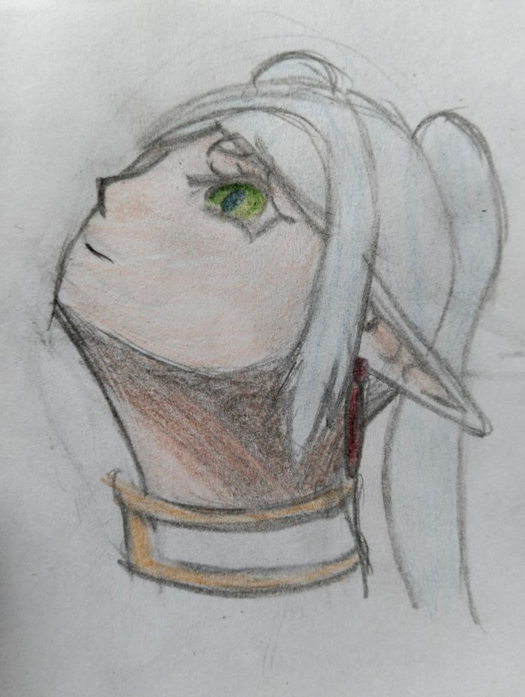 Coloured pencil art of Frieren looking up