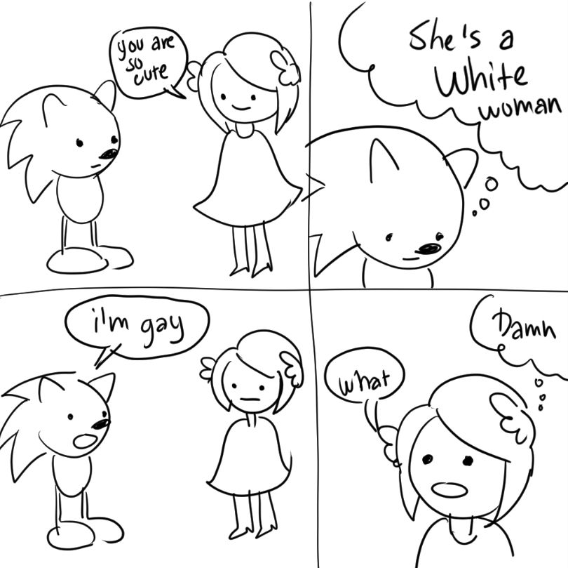 poorly drawn comic of princess elise telling sonic "you are so cute", sonic thinks "she's a white woman", tells her "i'm gay"; elise replies with a "what" while she is thinking "damn"