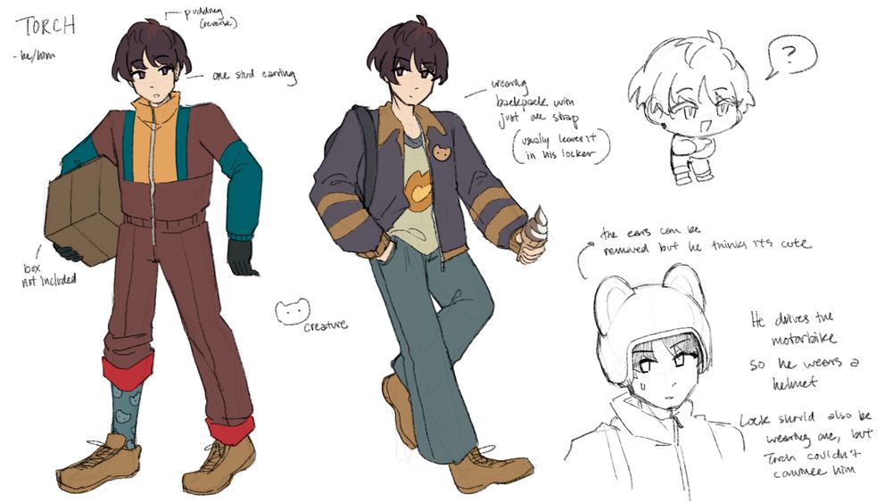A character sheet for Torch.
Text on the left side reads:
- he/him
- pudding (reverse) for his hair
- box not included
- one student piercing
- creature

Torch has dark brown hair that is lighter at its roots. He wears the company's jumpsuit zipped all the way up and with long sleeves and pants. One pant leg is rolled up to reveal socks that are decorated with a cute creature. He has tan sneakers.

Text on right side reads:
- wearing backpack with just one strap (usually leaves it in locker) -> this is referring to his casual outfit
- he wears a helmet sometimes with ears, the ears can be removed but he thinks it's cute
- he drives the motorbike
- so he wears a helmet
- Lock should also be wearing one, but Torch couldn't convince him