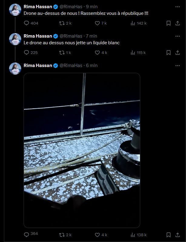 Tweet de Rima Hassan avec substance chimique jeté par drone sur le pont du bateau