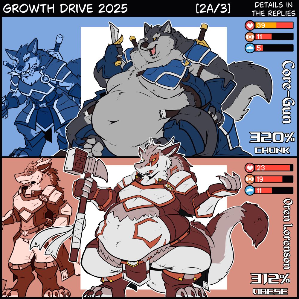 Top: Core-Gun, fat dagger wolf looking smug with dagger in hand while sitting his rear on the ground.
Vote numbers Fat 39- Muscle 11- Air 5 [320%]
Bottom: Oren Lorenson, fat fluffy dragon standing up and flexing with his belly flowing out of his torn shirt while holding a hammer in his hand.
Vote numbers Fat 23- Muscle 19- Air 11 [312%]