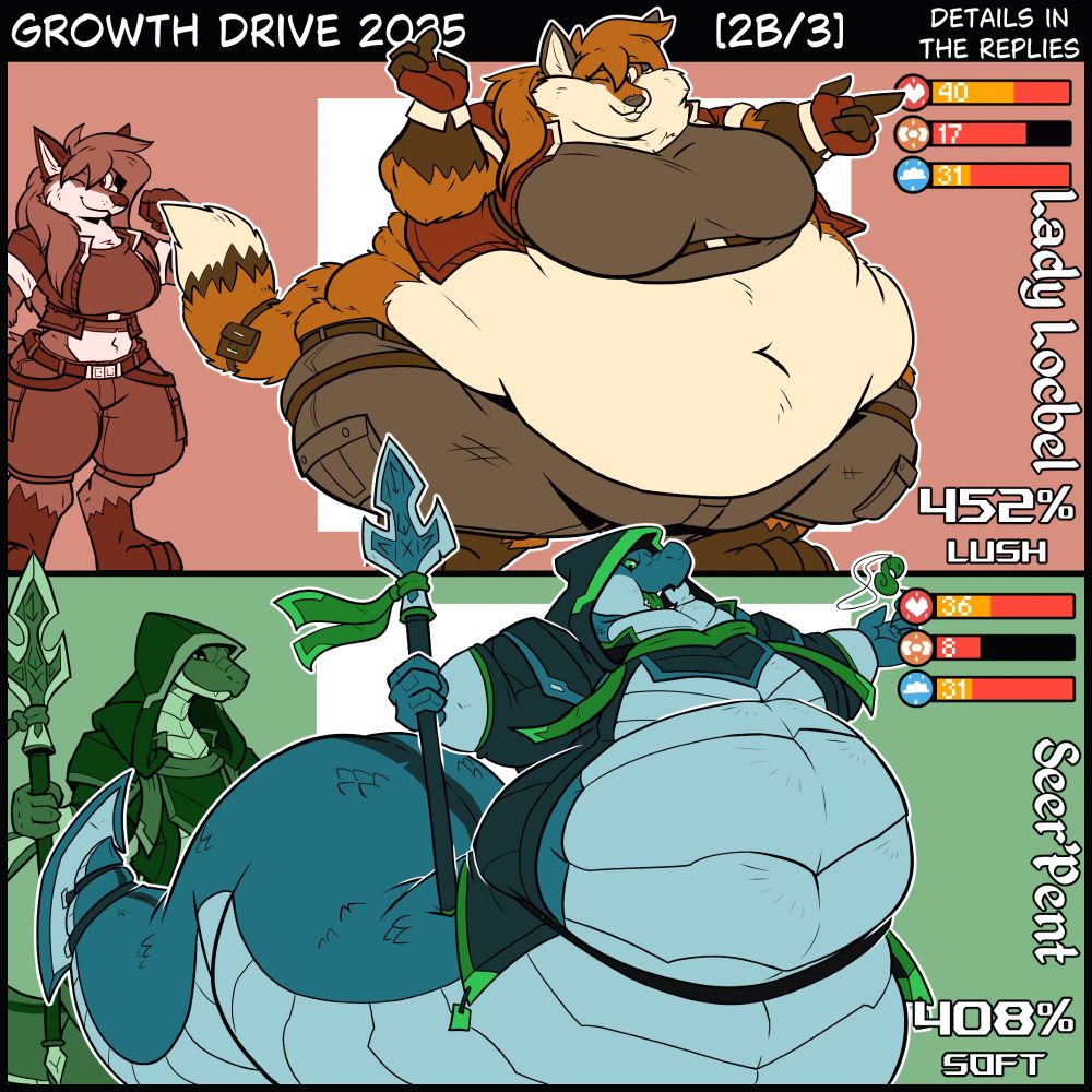 Top: Lady Locbel, a voluptuous vulpine rogue, looking smug with quite wide hips.
Vote numbers Fat 40- Muscle 17- Air 31 [452%]
Bottom: Seer'Pent, a wide warlock serpent, raising his hand up and calling out with a floating amulet. 
Vote numbers Fat 36 - Muscle 8 - Air 31 [408%]