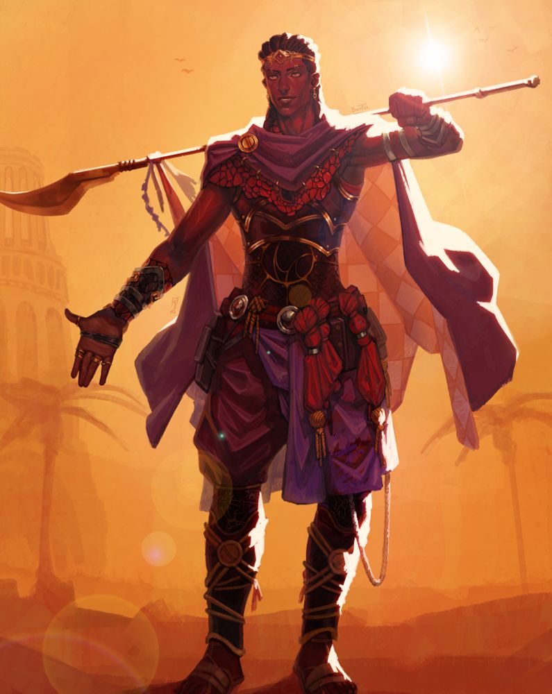 A digital full-body painting of a TTRPG character. He's slim yet visibly quite fit, walking toward the camera with a stand-offish stance and expression. His dark skin beams vibrantly under the hot atmosphere and sharp sun behind him. His clothing is intricate and loose, fit for a hot, dry climate, with colorful purple, red and plum clothes tied and layered on top of each other.  Benath his cloak, a scaly piece of t-rex leather adorns his shoulders and benath that, sleek black armor with golden embellishments and edges lays atop his torso. He's wearing loads of golden jewerly and the large spear held behind his shoulders is dwarfed by his height.  In the background, palm tree silhouettes are visible and further back, a massive building resembling a gladiator collosseum is set. The character's clothing details follow a sun theme. He looks like a regal, cocky, accomplished warrior proud of his strength.