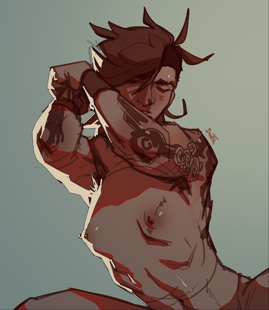 A digital drawing of Vi from Arcane. She's cropped right above her crotch, her arms swung to her side and bound together by leather straps, her eyes closed and body sweaty. The lighting is dim, with a harsh yellow rimlight cutting in from the left. The colors are strongly stylized, with Vi appearing a vibrant orange in the shadows, and a milder cyan in the mid tones. Her right nipple is pierced, her left tattooed with an arrow - and her legs are spread, leaving any happenings below the belt to the imagination.