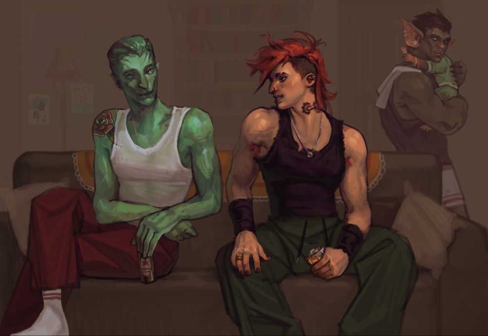 Steb and Vi from Arcane, sitting on a couch in what looks to be Steb and Scar's home. They're both clothed casualy, Steb wearing a white tanktop and red, loose pants and holding a beer bottle in his hand, Vi wearing a black tank-top, leather arm braces, a silver necklace, and dark grey sweatpants. In her hand's a glass of what may be orange juice, she's wearing a wedding band on the right hand. They're both looking at each other with a relaxed expression, Steb is listening to Vi speaking. In the background, Scar is visible in a tank-top and boxer shorts, carrying his daughter, who is carrying some crayons in her hand, in his arms while taking a soft glance back at the couch. There are also some childish crayon drawings hanging in the back, one depicting a large tree with houses built into it, the other depicting a green stick figure and a darker figure with large triangular ears. The lighting is soft and warm, the mood very pleasant and relaxed.