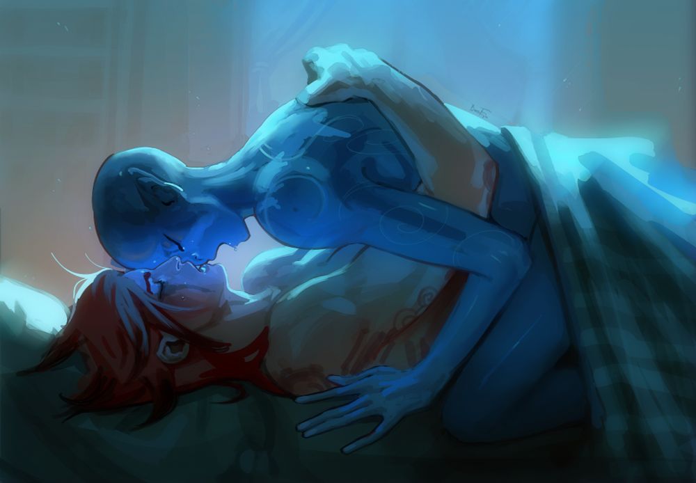 A digital painting of Caitlyn and Vi from Arcane in Namacomoon's "Did you really beam me up?" AU. Caitlyn is depicted as a glowing, bald, deep blue alien with pointy ears, large eyes and spiral body markings. She's on top of Vi under the covers, her face inches from Vi, both seem to be mid-climax and have their eyes closed and mouths open. Both are sweating profusely. Vi is lit up by Cait's bodily glow, both are flooded by a harsh blue rimlight from the other side of the bedroom. Vi has some smudged black make-up running down her cheeks and blackened tips of her hair, reminiscent of her canon pitfighter era. Vi is holding onto Cait's back, while Cait has her hands propped up on Vi's sides.