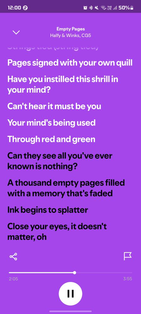An image of the lyric on Empty Pages that says "Through red and green"