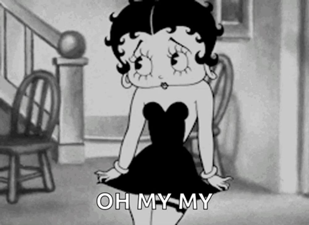 a black and white cartoon of betty boop in a black dress says oh my my