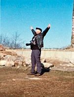 Triumphant pose atop Mount Battie above Camden, Maine