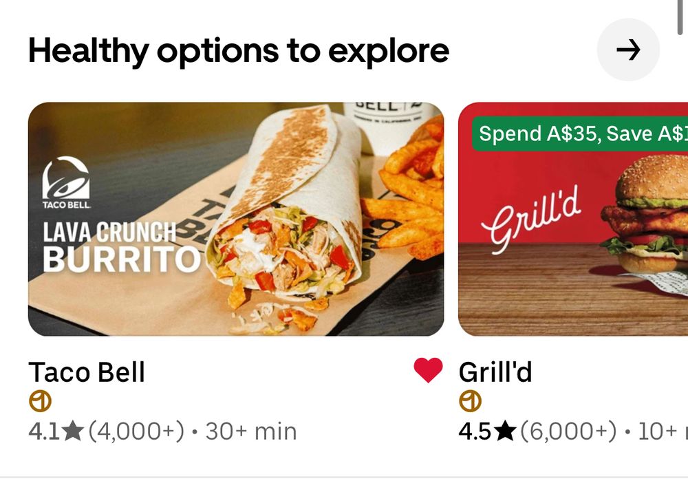 Uber Eats screenshot of Taco Bell and Grill’d, with “Healthy options to explore” as the headline. 