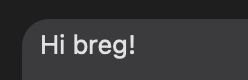 The top left corner of an iOS text message, with the text "Hi breg!"
