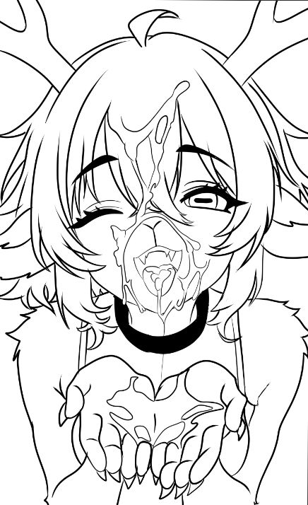 Val the goat demon with cum on their face, cupping their hands to catch it under their chin.