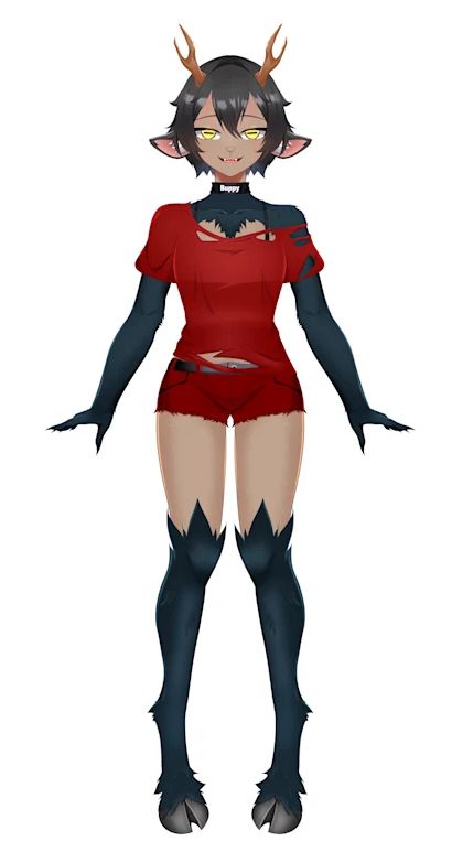 Live2D model of Vallistar the Goat demon wearing a ripped shirt and ripped red jean shorts
