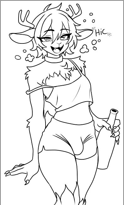 Val the goat demon holding a bottle of liquor and looking drunk while hiccuping