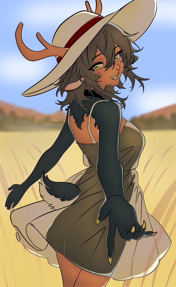 Val the goat demon in a sundress walking through a field