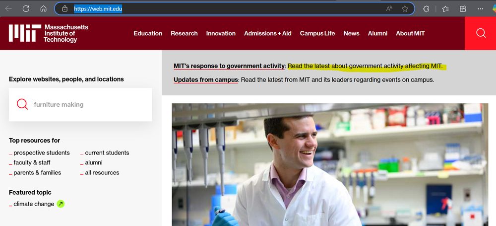 screenshot of https://web.mit.edu/  showing they have a statement: 

"MIT response to government activity"
