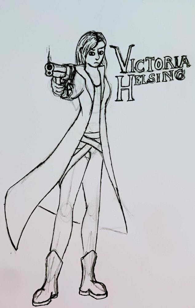A woman in a long coat and boots holds a gun aimed towards the onlooker, the text beside her says her name, "Victoria Helsing"