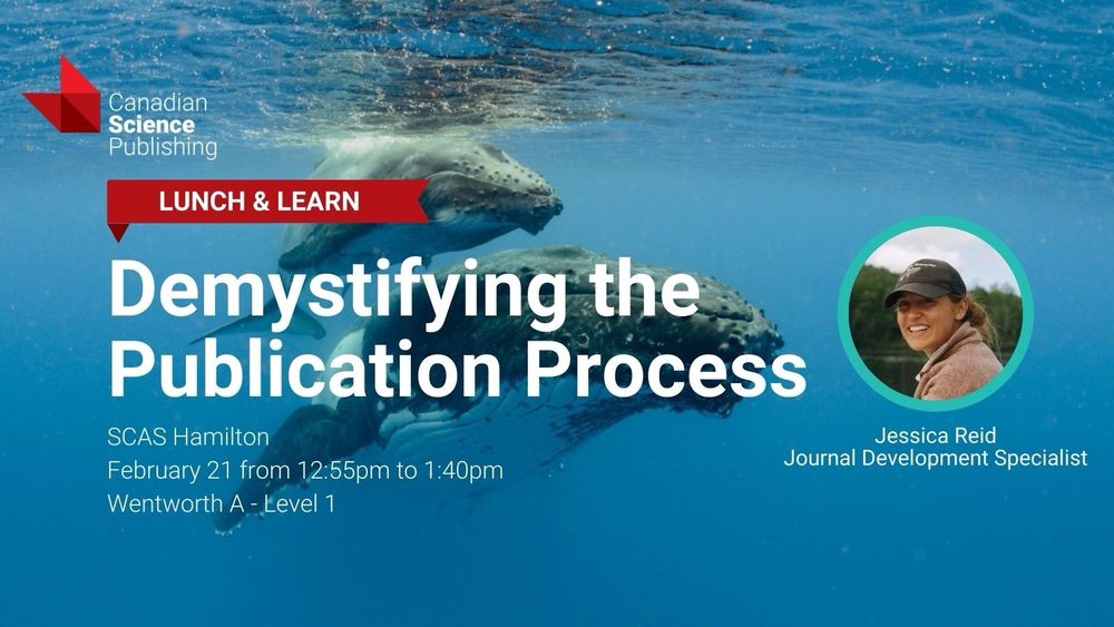 Workshop info card:
Demystifying the publication process
On Feb 21 from 12:55-1:40 pm
In Wentworth A at the SCAS conference in Hamilton

Info displayed over an image of two whales swimming underwater