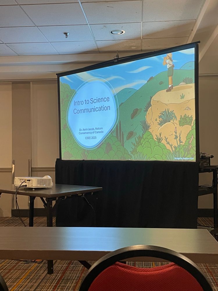 Project screen showing the first slide of an Introduction to Science Communication workshop, run by Dr. Aerin Jacob of Nature Conservancy Canada