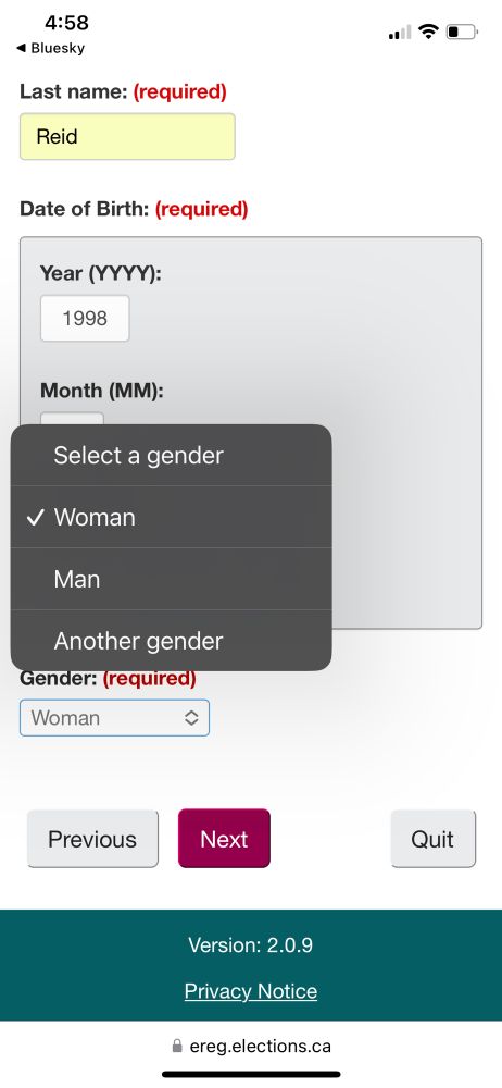 A dropdown menu to register as a voter in Canada provides the following options: Woman, Man, Another Gender
