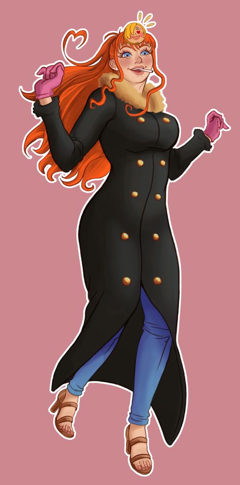 Digital illustration of Sanji from One Piece, but he’s been bodyswapped with Nami. Nami is a light skinned woman with natural red hair that’s tied back into a long ponytail. She’s running along in a cartoonishly feminine manner with her hands up and pinkies poised, a cigarette hanging from her lips, and seemingly having a great time. She’s wearing a long black overcoat with a fur trim, light blue jeans, pink gloves, and open toed heels. On her forehead is the small and round cardboard cutout-like face of Sanji who is smiling widely with heart eyes.