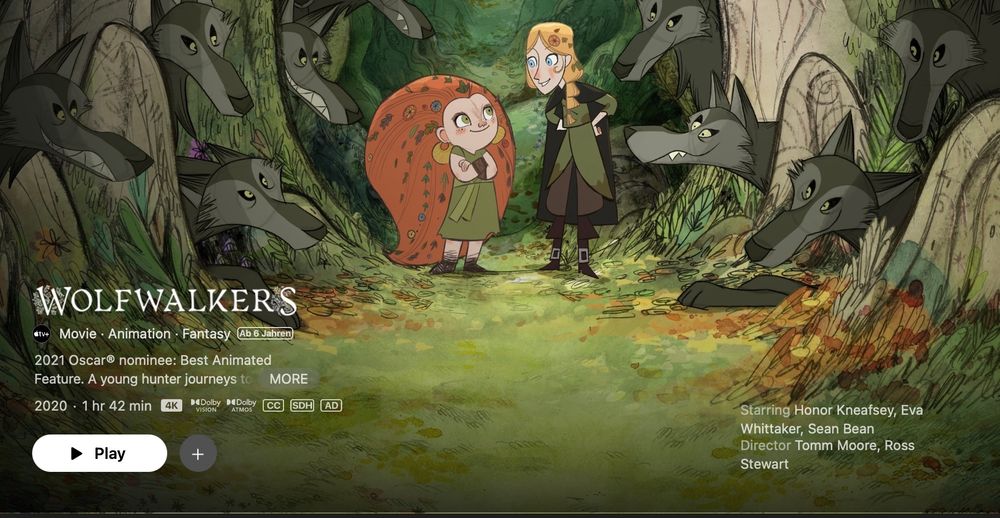 Preview Image of Wolfwalkers in the TV App.
Two Characters looking at each other friendly while there are surrounded by many wolves.