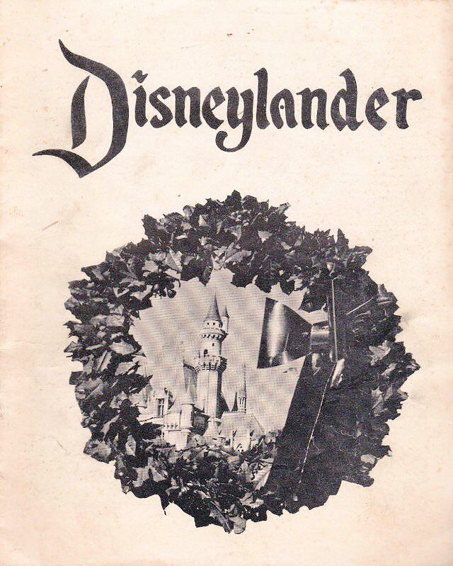 Monochromatic cover of vintage Disneyland cast member magazine “Disneylander,” featuring Sleeping Beauty Castle inside a Christmas wreath.