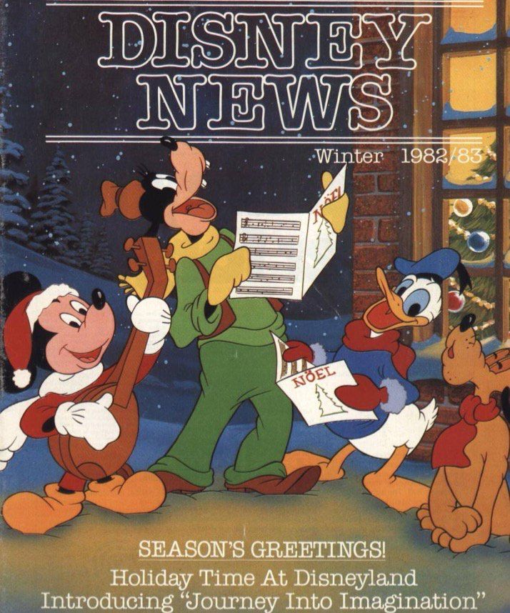 Cover of the winter 1982/1983 issue of Disney News magazine, with Mickey, Goofy, Donald, and Pluto singing Christmas carols.