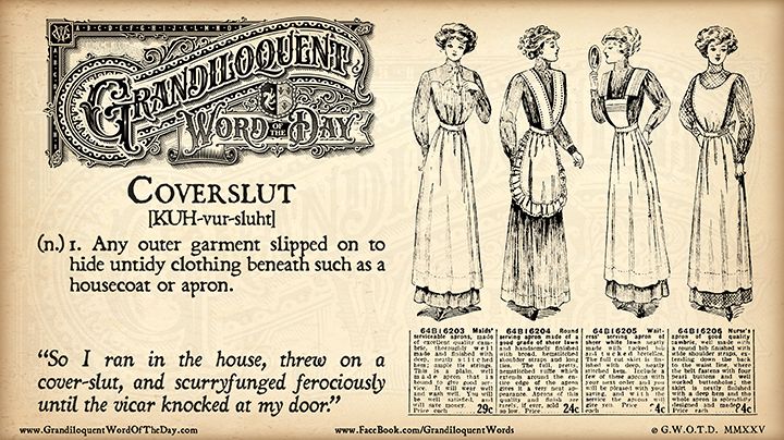 Grandiloquent Word of the Day logo - Sepia-toned graphic with a baroque Victorian typeface and an old catalog advert for aprons.