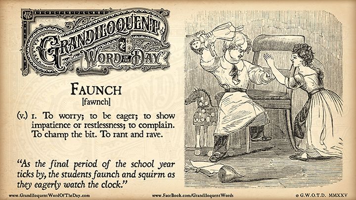 Grandiloquent Word of the Day logo - Sepia-toned graphic with a baroque Victorian typeface and a pen-and-ink illustration of an angry little boy threatening to break the doll that belongs to a young girl.
