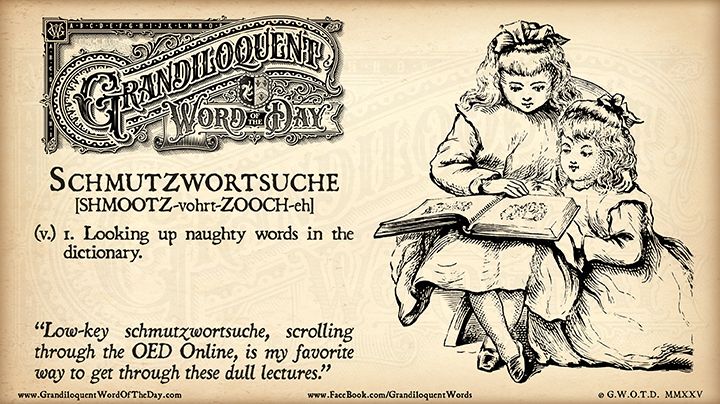 Grandiloquent Word of the Day logo - Sepia-toned graphic with a baroque Victorian typeface and a pen-and-ink illustration of two young girls sitting and looking at a big book together.