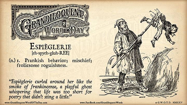 Grandiloquent Word of the Day logo - Sepia-toned graphic with a baroque Victorian typeface and an illustration of a man pulling a rascally child out of a haystack with a pitchfork.