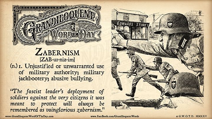 Grandiloquent Word of the Day logo - Sepia-toned graphic with a baroque Victorian typeface and an illustration of WWII German soldiers engaged in battle.