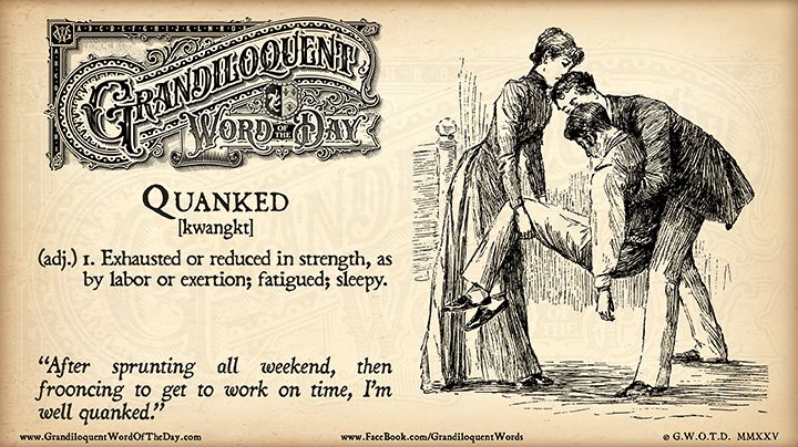 Grandiloquent Word of the Day logo - Sepia-toned graphic with a baroque Victorian typeface and a pen-and-ink illustration of a man and a woman struggling to carry an adult male who is unconscious.