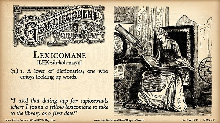 Grandiloquent Word of the Day logo - Sepia-toned graphic with a baroque Victorian typeface and an illustration of a woman sitting in a chair reading a very large book.