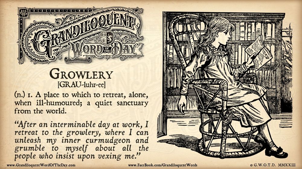 Grandiloquent Word of the Day logo - Sepia-toned graphic with a baroque Victorian typeface and a pen-and-ink illustration of a young lady sitting in her private library, reading a book.