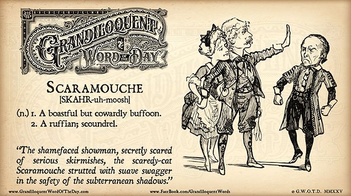 Grandiloquent Word of the Day logo - Sepia-toned graphic with a baroque Victorian typeface and a pen-and-ink illustration of a husband protecting his wife from the bluster of a ruffian.