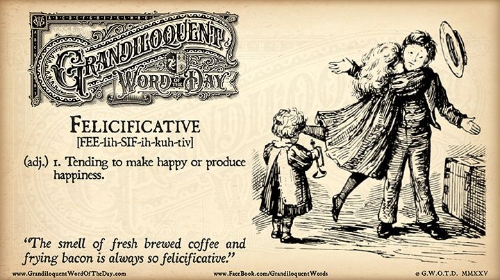 Grandiloquent Word of the Day logo - Sepia-toned graphic with a baroque Victorian typeface and a pen-and-ink illustration of a happy girl enthusiastically hugging a boy.
