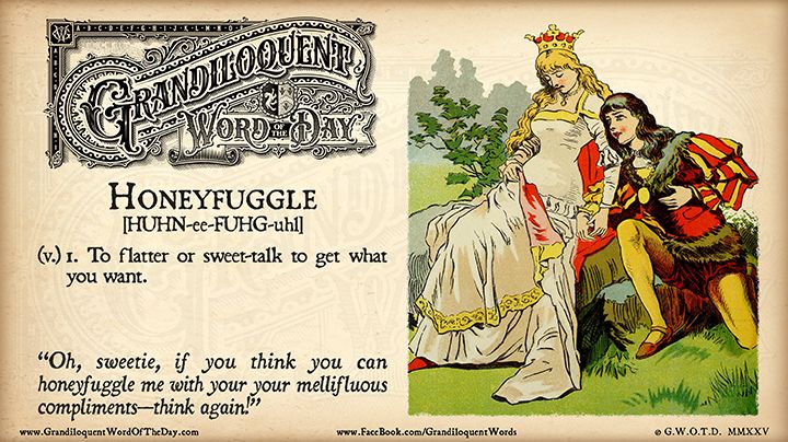 Grandiloquent Word of the Day logo - Sepia-toned graphic with a baroque Victorian typeface and an illustration of a prince trying to schmooze up a disinterested princess.